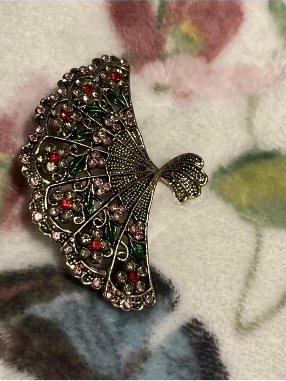 Antique-Style Fan Brooch with Pink, Red and Green Accents - Picture 6 of 6